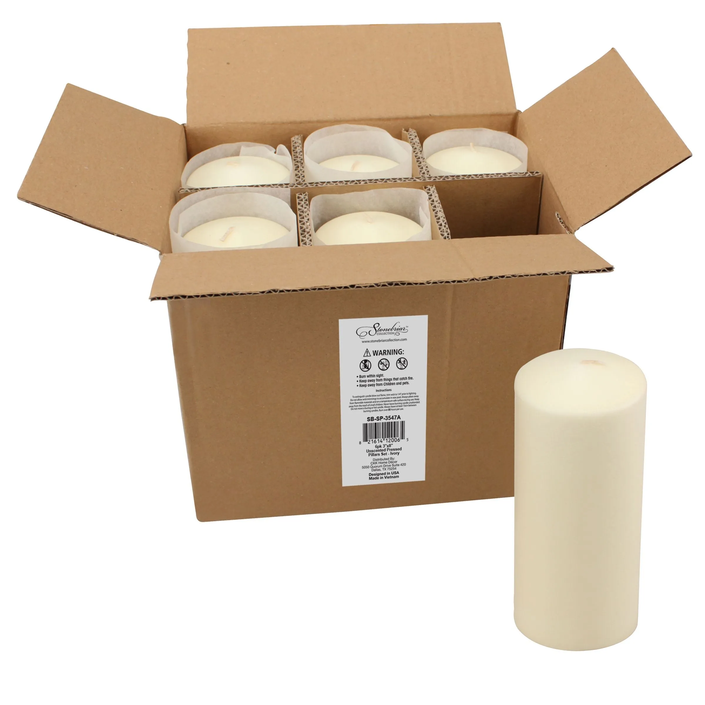 3 x 8 Unscented Ivory Pillar Candles, Set of 6