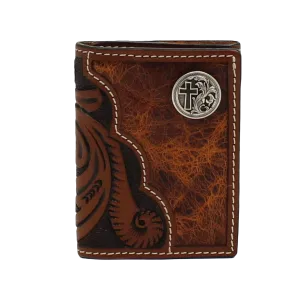 3D Men's Floral Tooled With Cross Concho Trifold Wallet D250001402