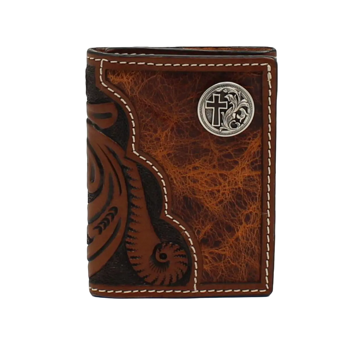 3D Men's Floral Tooled With Cross Concho Trifold Wallet D250001402