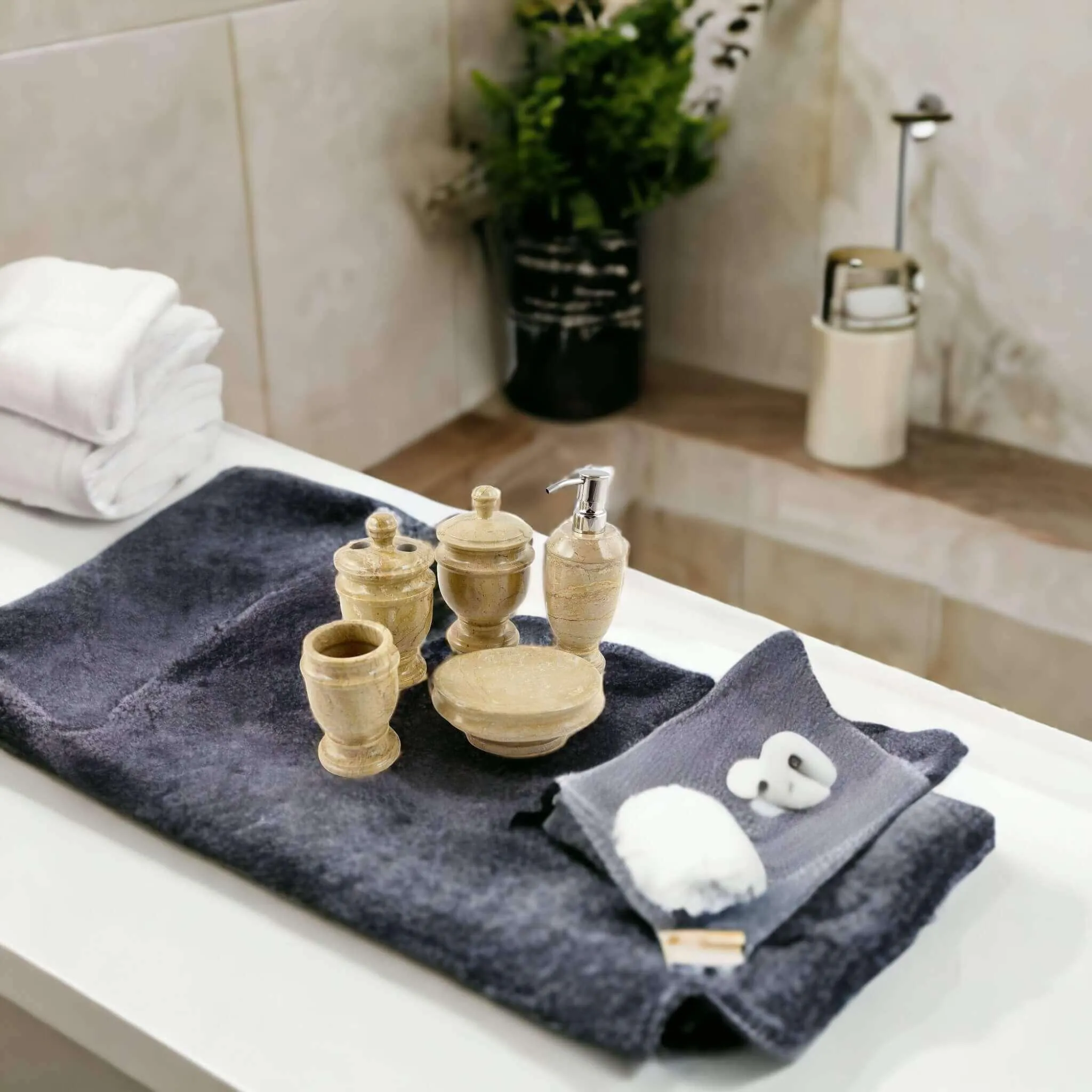 5 Piece Bathroom Set | Beige Marble