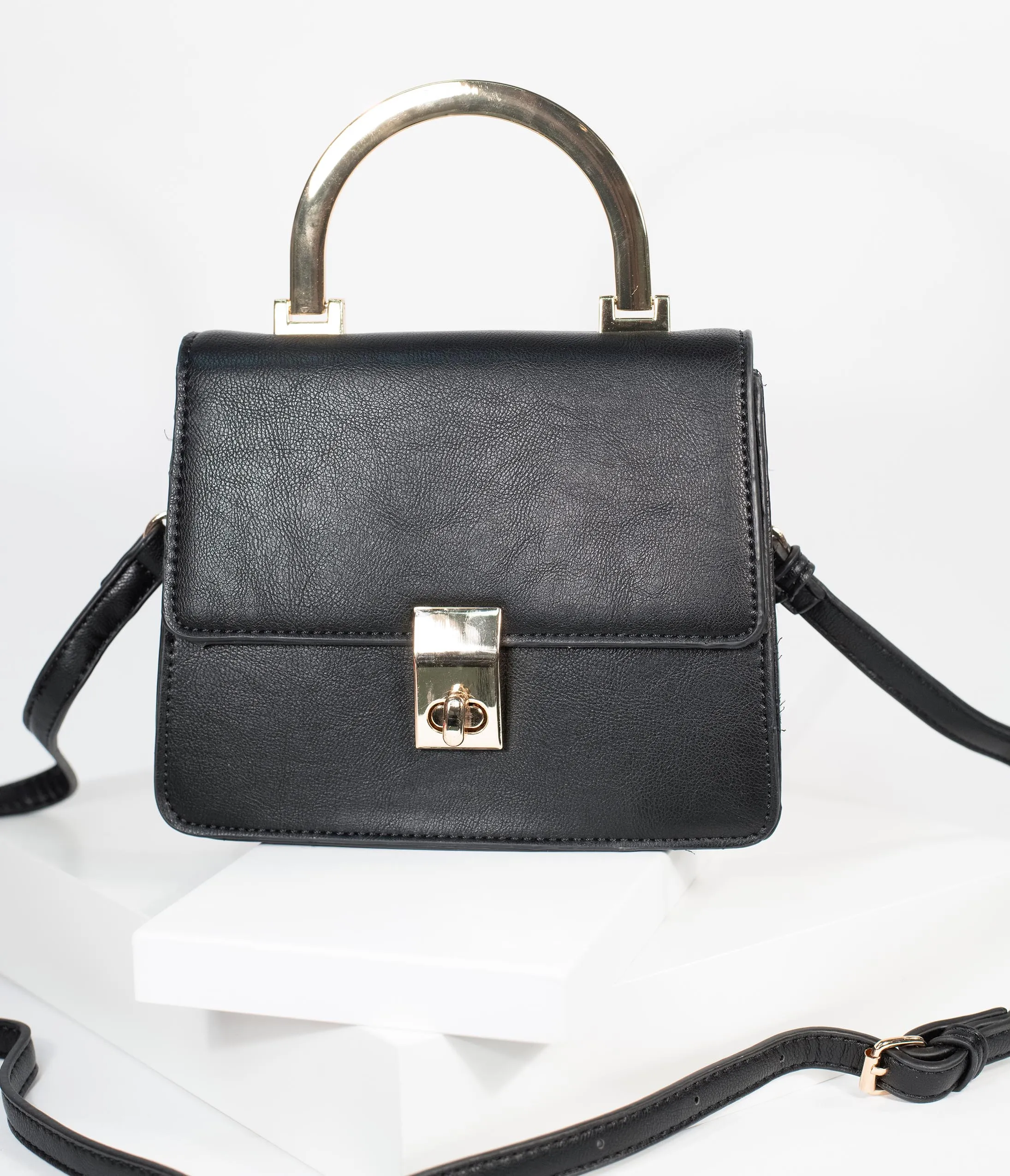 Black Leatherette & Gold Top Handle Purse