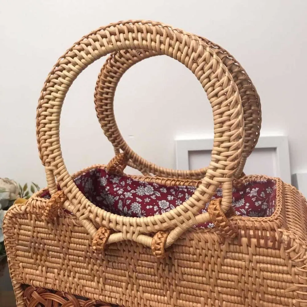 Circular Handle Rattan Bohemian Vintage Tote Bag