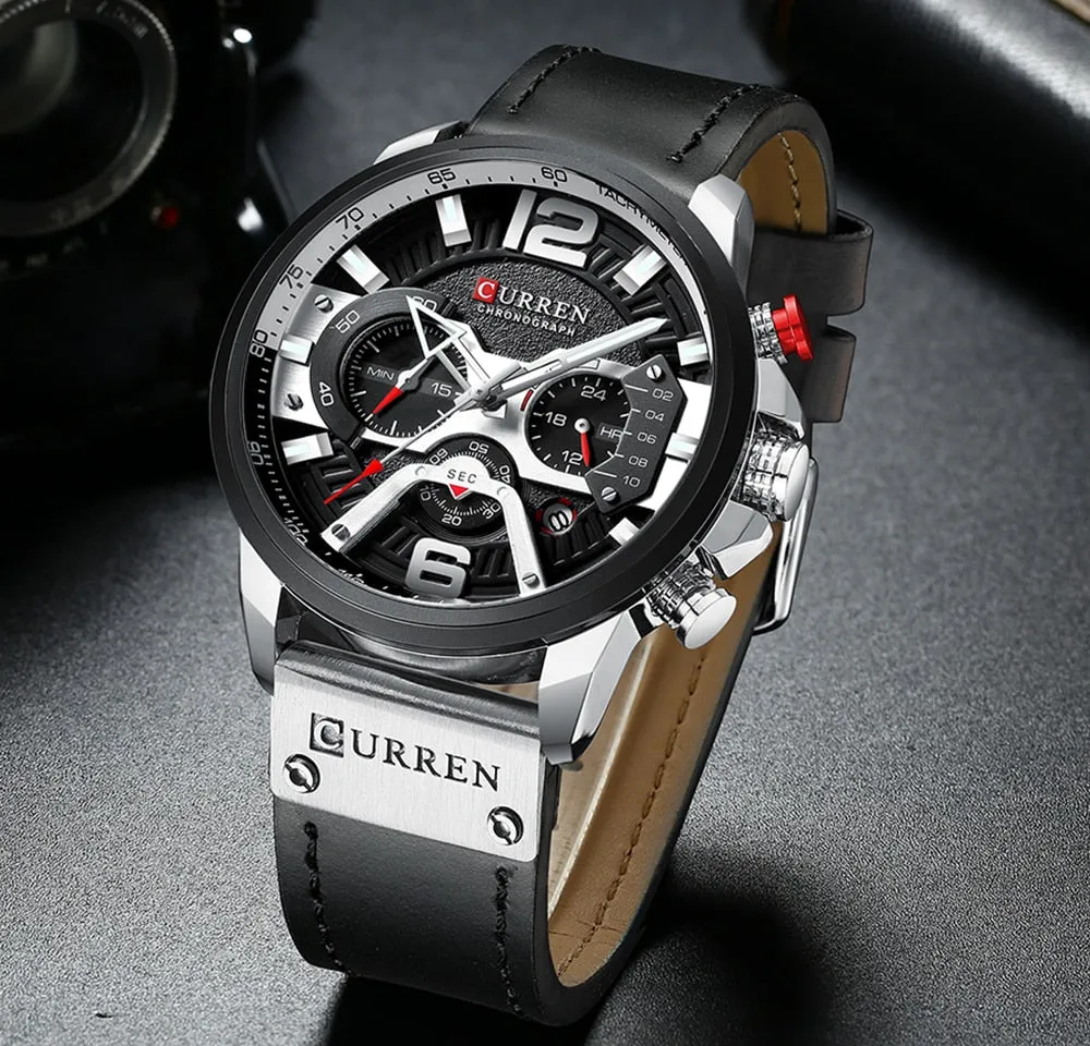 CURREN  Military Style Sport Watch with Chronograph & Leather Band