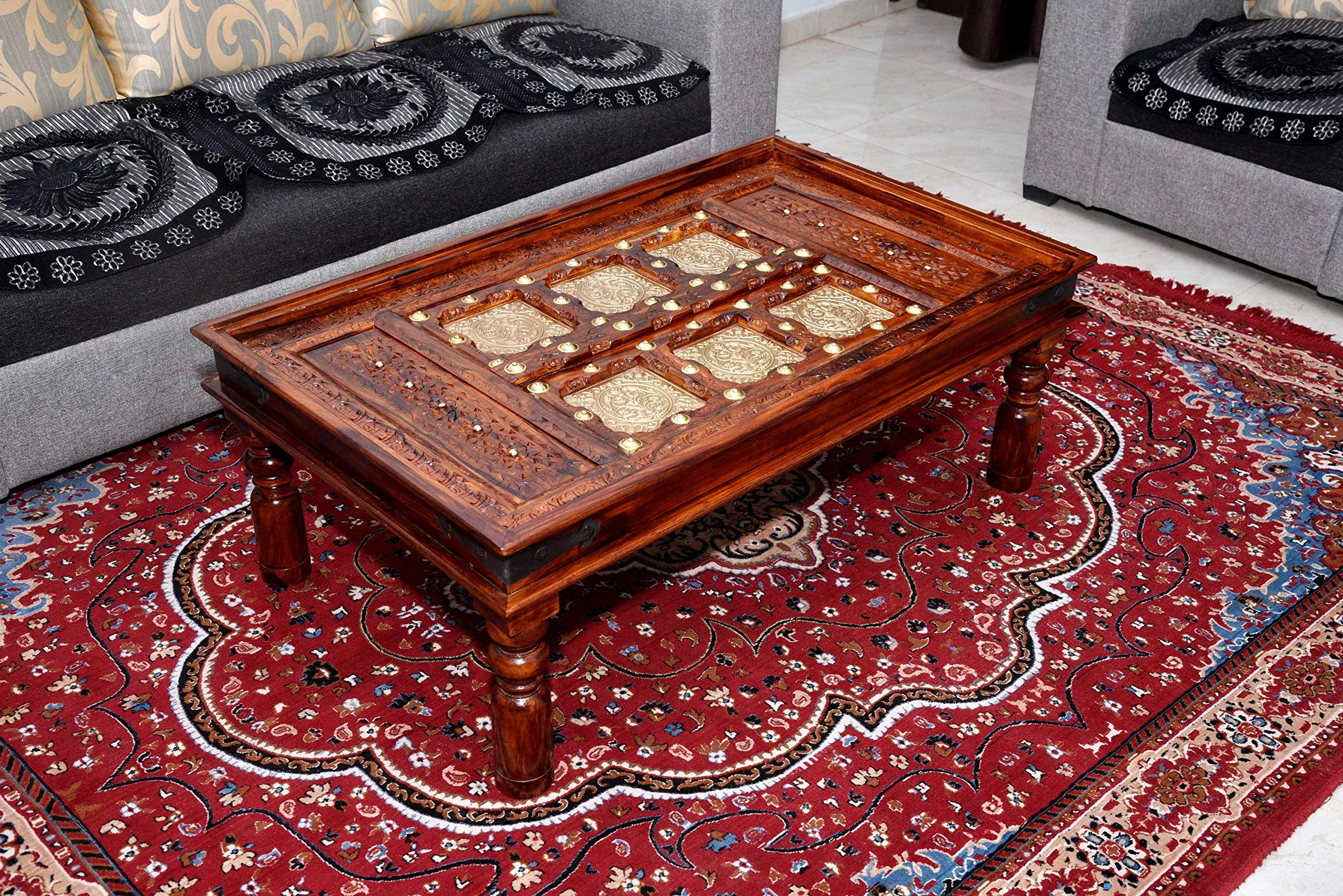 Deva Metals Advika Anitque Brass Mor Patda Design Sheesham(Rosewood) Solid Wood with Glass Top Table | Center Table | Garden Table |DDECORative| Living Room|Natural Brown