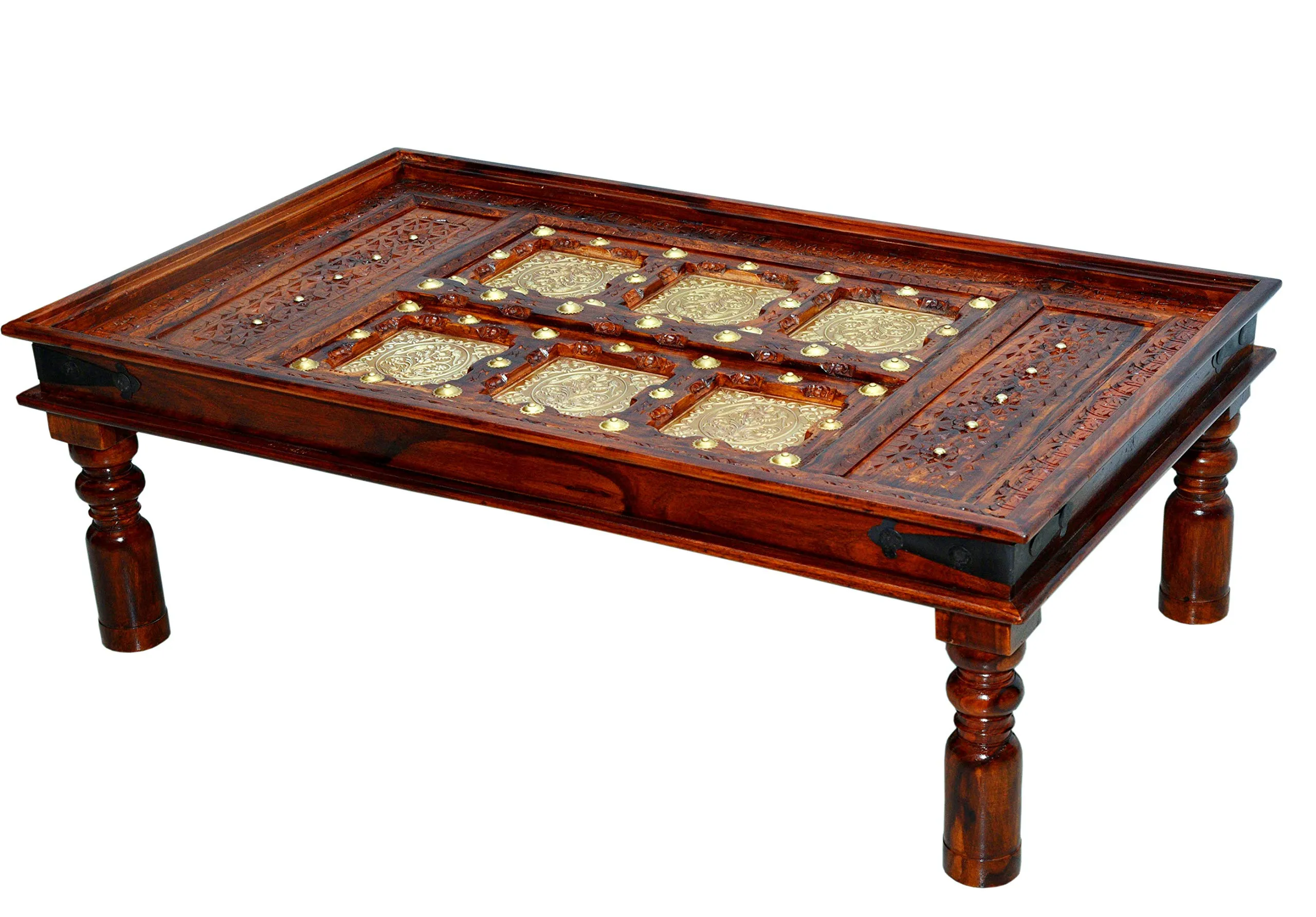 Deva Metals Advika Anitque Brass Mor Patda Design Sheesham(Rosewood) Solid Wood with Glass Top Table | Center Table | Garden Table |DDECORative| Living Room|Natural Brown