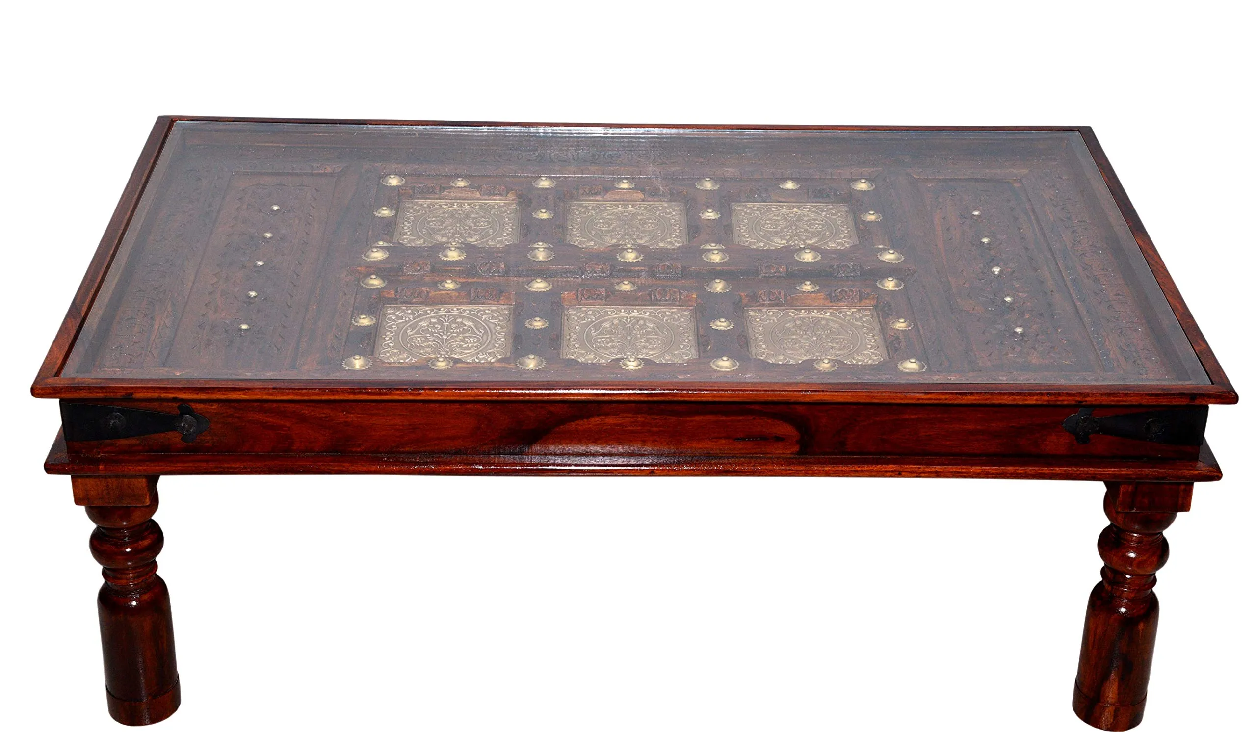 Deva Metals Advika Anitque Brass Mor Patda Design Sheesham(Rosewood) Solid Wood with Glass Top Table | Center Table | Garden Table |DDECORative| Living Room|Natural Brown