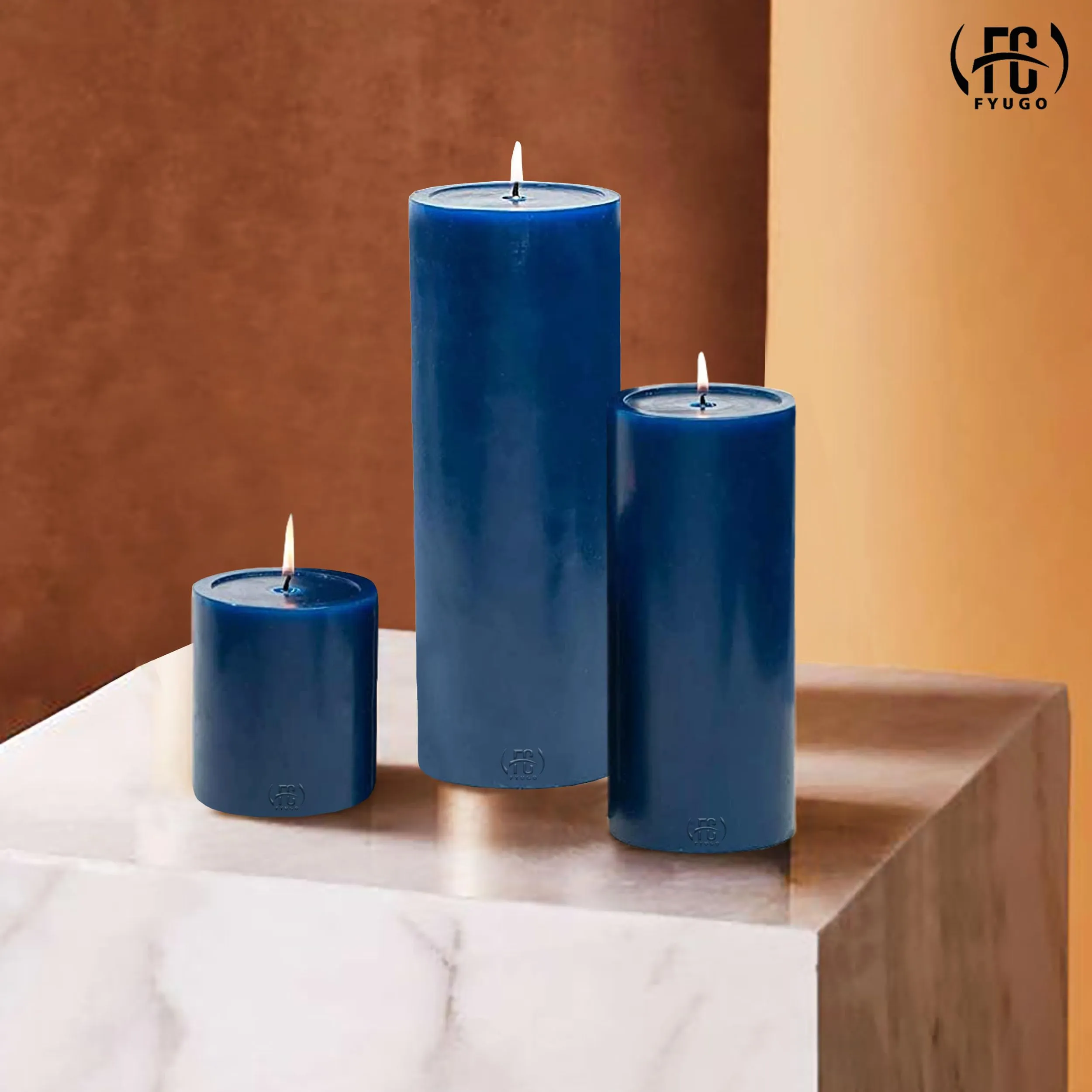 FYUGO Pillar Candles Set of 3 (3 * 3, 3 * 4, 3 * 6 inches) - Smokeless Pillar Candles - Dripless Large Candles Pillar for All Occasions (Navy Blue)