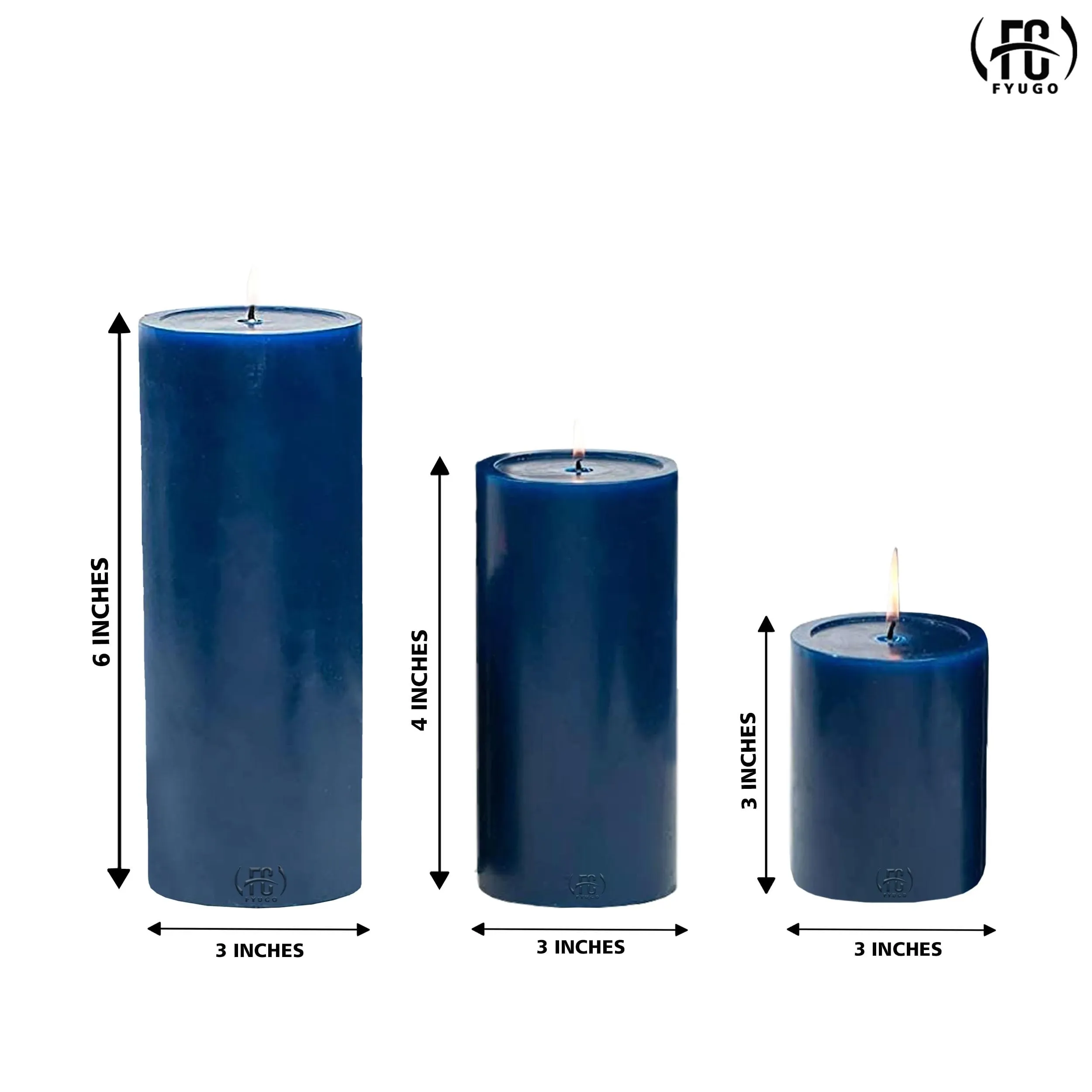 FYUGO Pillar Candles Set of 3 (3 * 3, 3 * 4, 3 * 6 inches) - Smokeless Pillar Candles - Dripless Large Candles Pillar for All Occasions (Navy Blue)