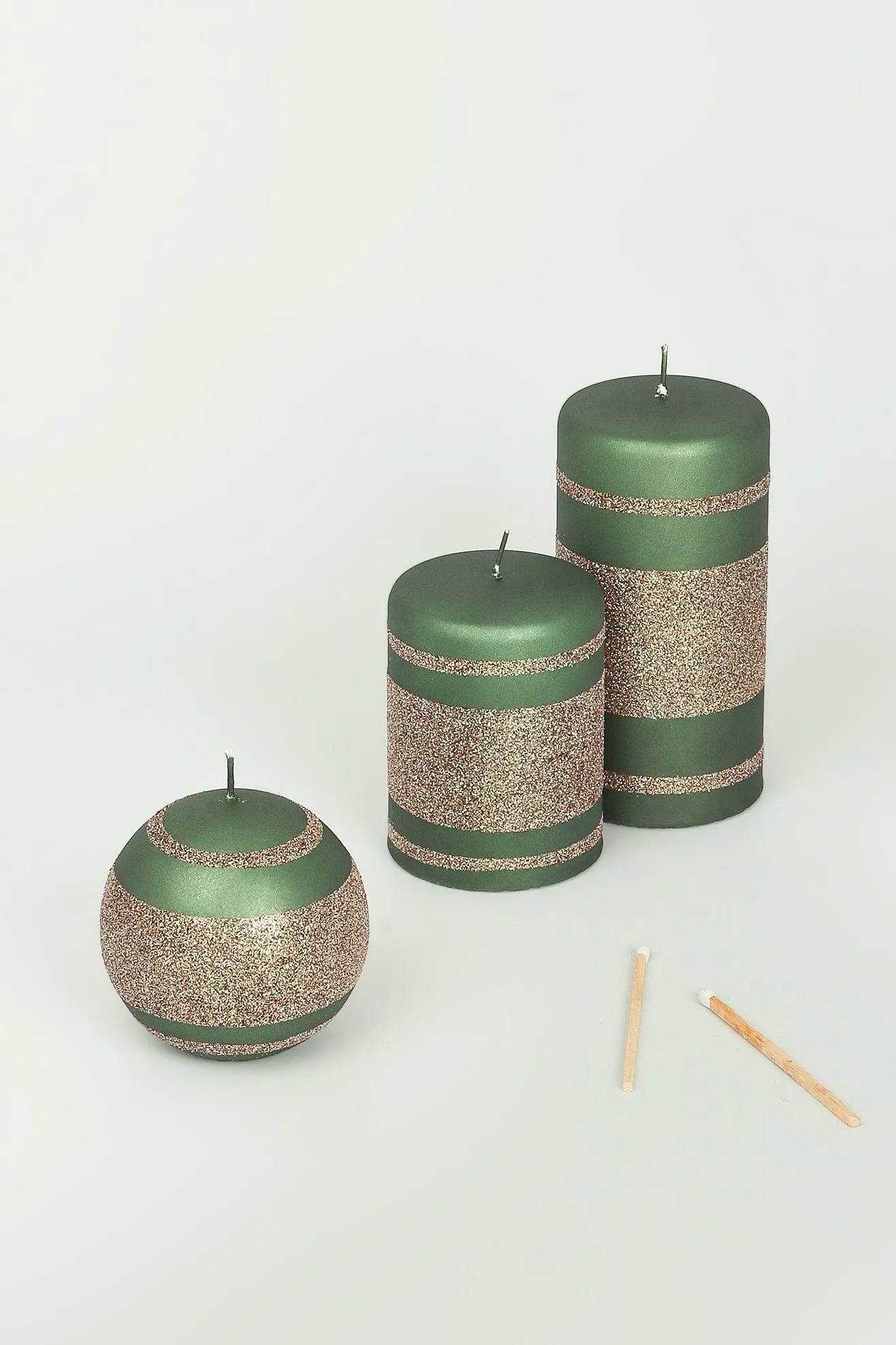 Green Cappuccino Striped Glitter Pillar Ball Candles