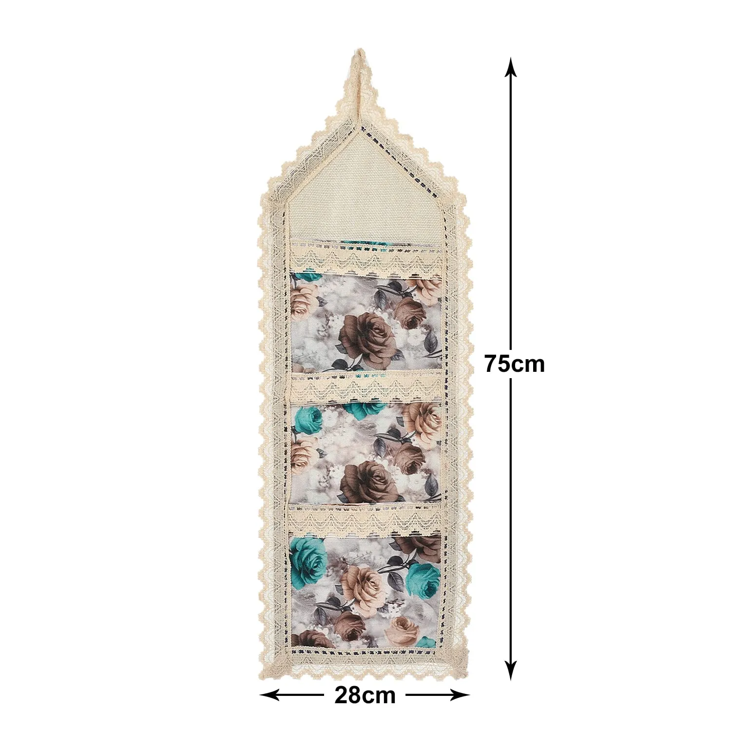 Heart Home Flower Printed Multiuses 3 Pockets Wall Hanging Storage Organizer/Holder For Home (Cream & Brown)-50HH01171