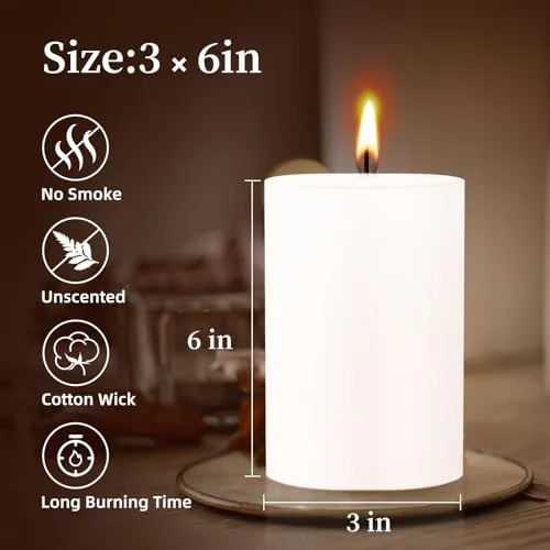 KONNI White Pillar Candles Set of 6, 3"x 6" Unscented Pillar Candles Bulk, 56 Hours Long Burning Candles, Smokeless&Dripless Large Round Candle for Wedding, Home Decoration, Parties, Spas, Dinner