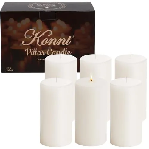 KONNI White Pillar Candles Set of 6, 3"x 6" Unscented Pillar Candles Bulk, 56 Hours Long Burning Candles, Smokeless&Dripless Large Round Candle for Wedding, Home Decoration, Parties, Spas, Dinner