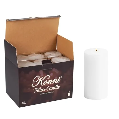 KONNI White Pillar Candles Set of 6, 3"x 6" Unscented Pillar Candles Bulk, 56 Hours Long Burning Candles, Smokeless&Dripless Large Round Candle for Wedding, Home Decoration, Parties, Spas, Dinner