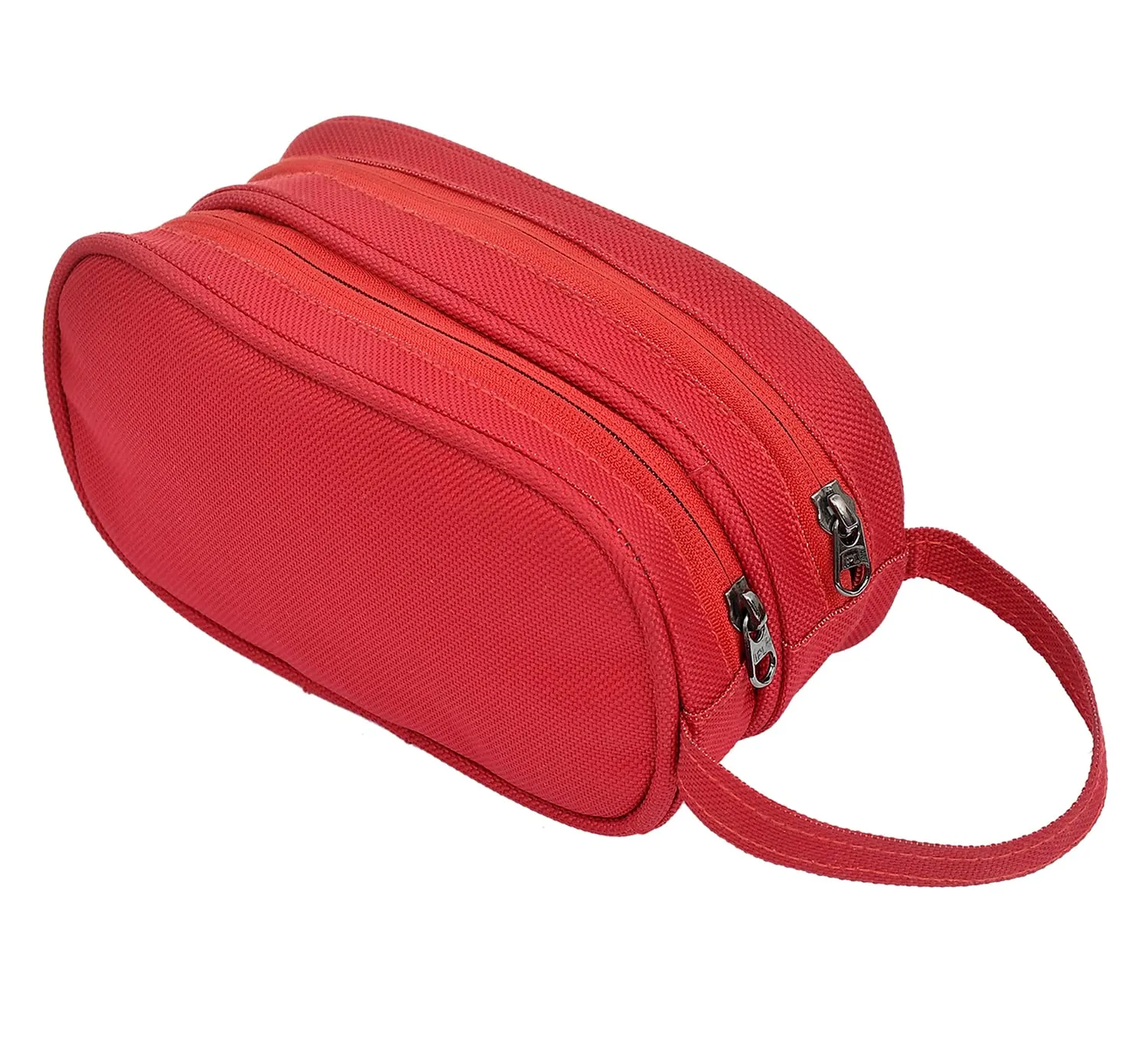 Kuber Industries Multiuses Rexine Travel Toiletry Bag/Shaving Kit/Dopp Kit/Cosmetic Bag with 3 Zipper Compartments & Carrying Strip (Red), (49KM0613) | Convenient and Stylish Travel Organizer