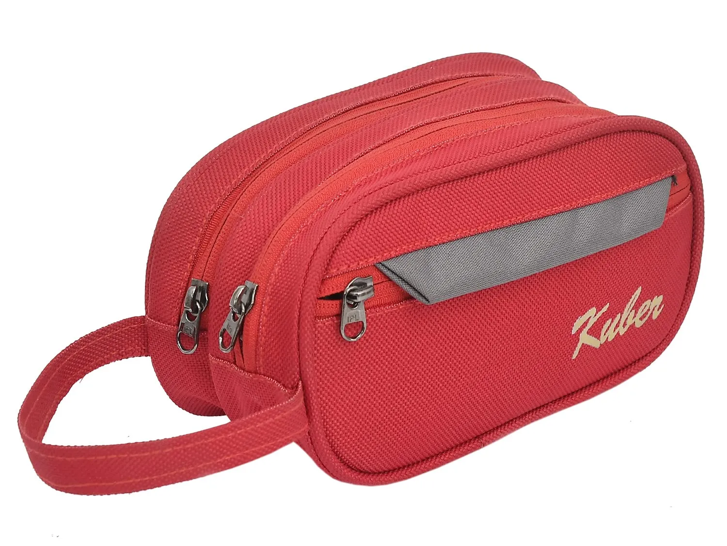 Kuber Industries Multiuses Rexine Travel Toiletry Bag/Shaving Kit/Dopp Kit/Cosmetic Bag with 3 Zipper Compartments & Carrying Strip (Red), (49KM0613) | Convenient and Stylish Travel Organizer