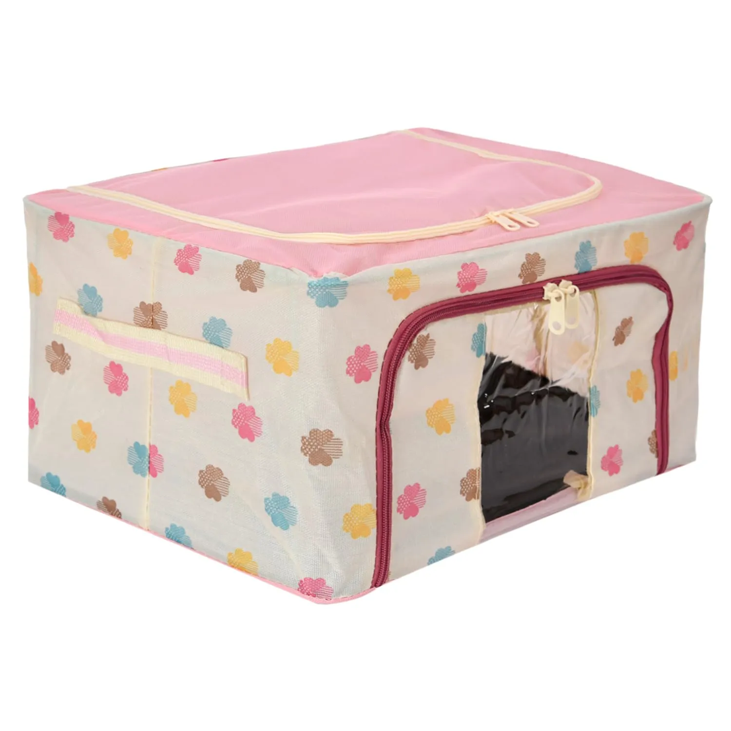 Kuber Industries Storage Box | Steel Frame Living Box | Storage Organizer For Clothes | Saree Cover for Woman | Multi Flower Print Cloth Organizer | 22 Liter | Pink