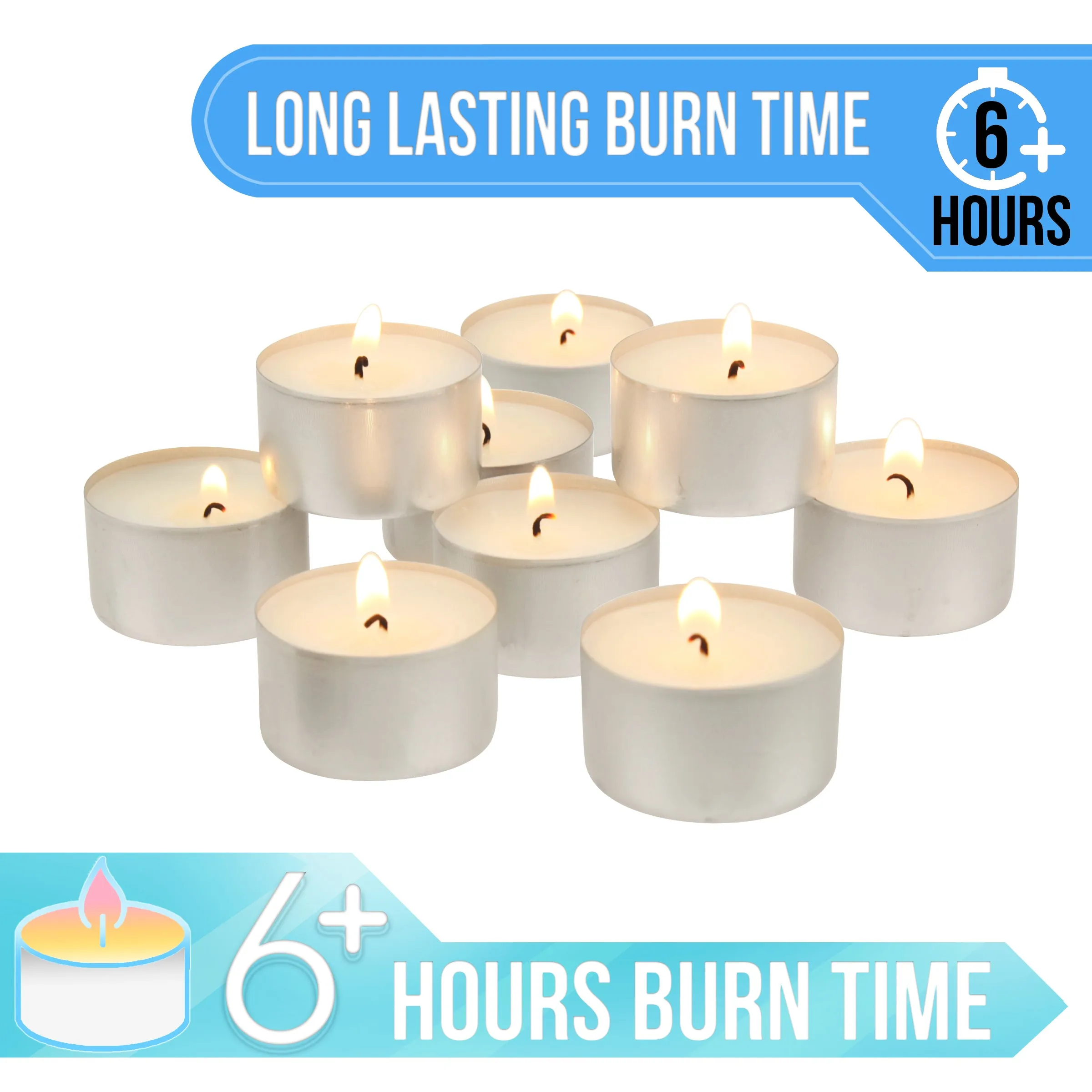 Long Burning Tea Light Candles,  6 to 7 Hour Extended Burn Time, White, Unscented, Bulk (WS) 200-Pack