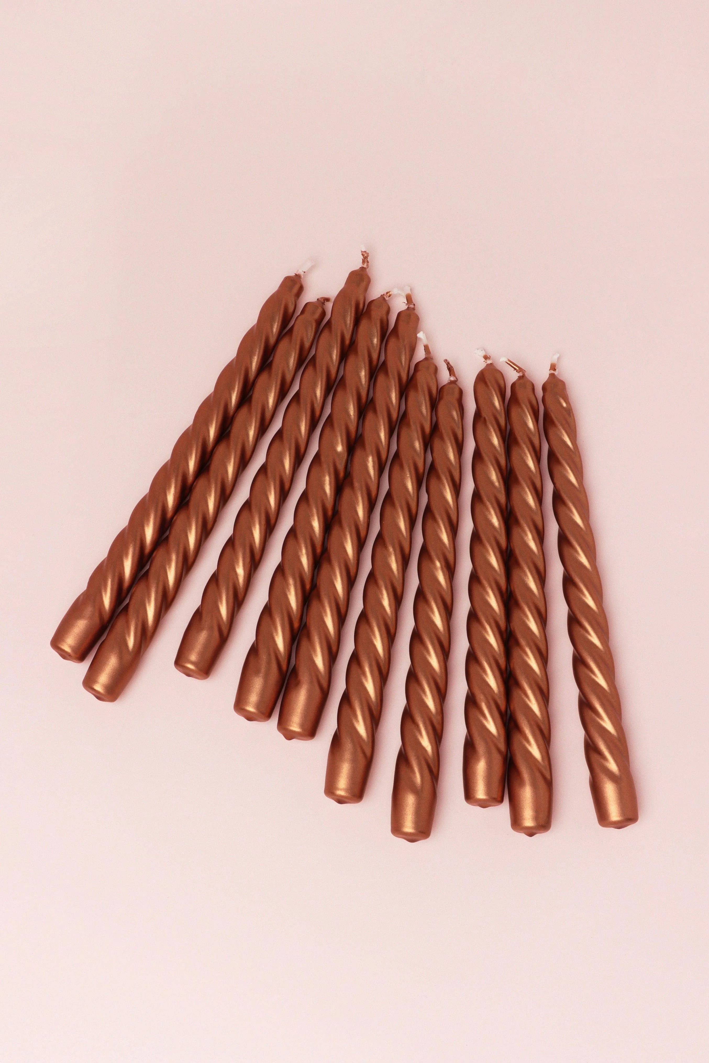 Pack Of 10 Or 20 Coraline Tall Shimmer Copper Candlesticks Twisted Dinner Candles