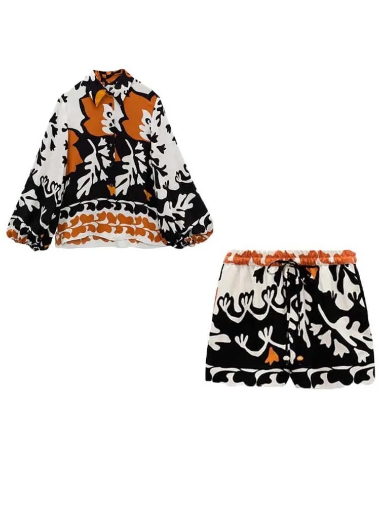 Printed Long Sleeve Top, Shorts and Pants Set