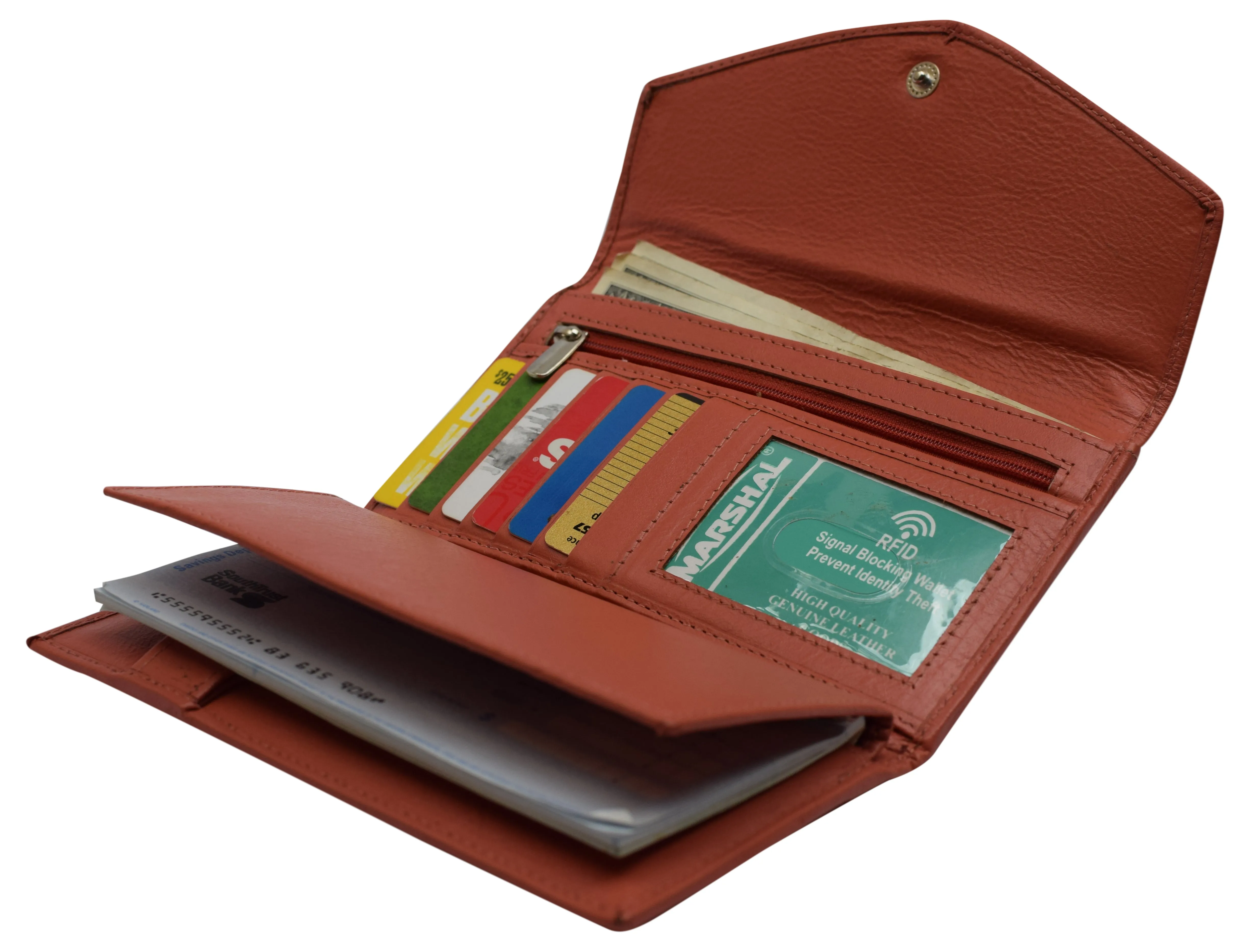 RFID Genuine Leather Women's Slim Flap Wallet Clutch Organizer