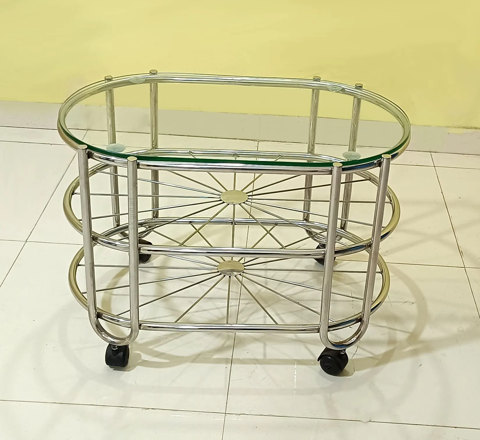 s k grill art Stainless Steel Coffee Table Centre Table with 10 mm Glass with Wheel 18 X 30 X 21 Inch (Clear Glass)