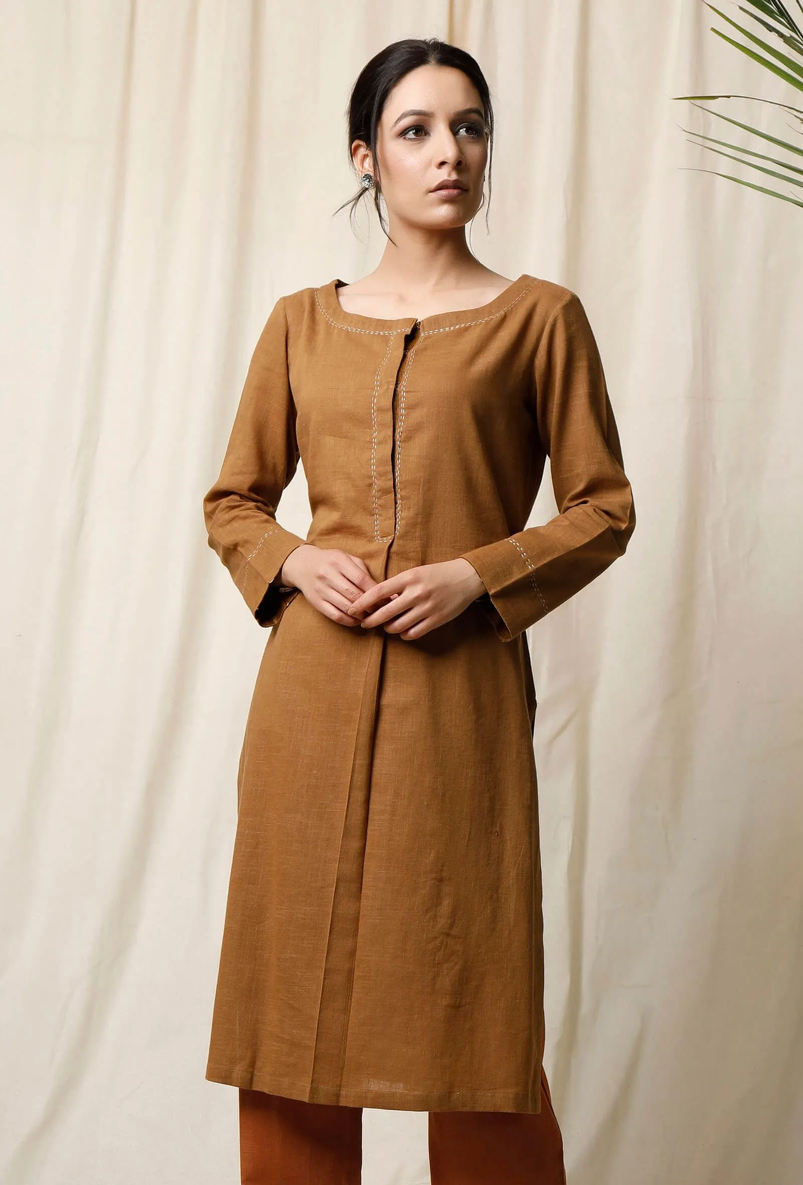 Set of 2: Khaki Cotton Kurta & Narangi Palazzo