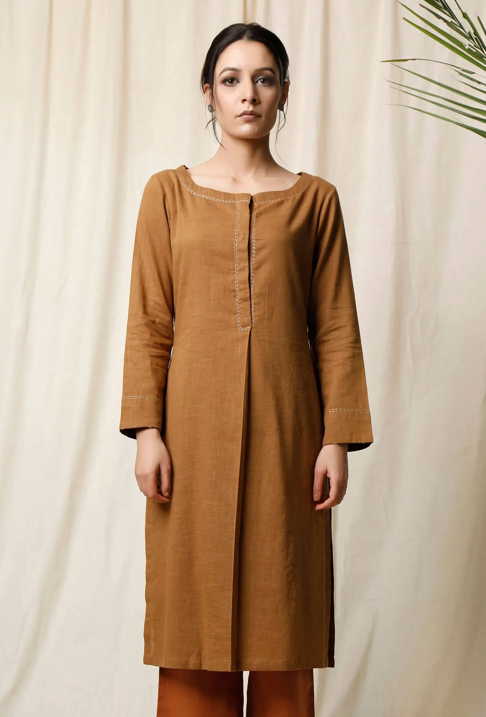 Set of 2: Khaki Cotton Kurta & Narangi Palazzo