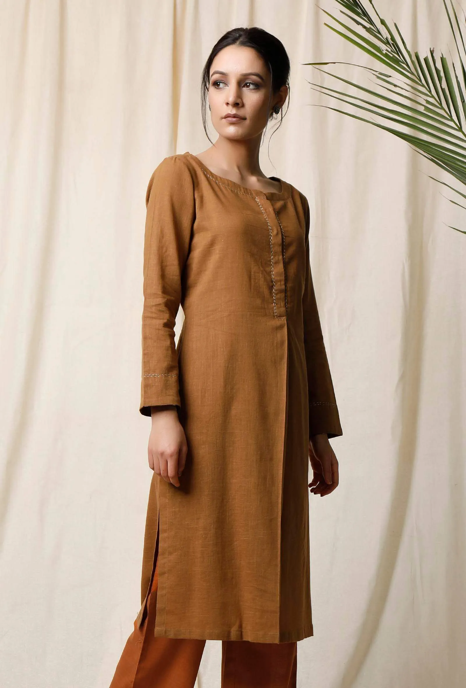 Set of 2: Khaki Cotton Kurta & Narangi Palazzo