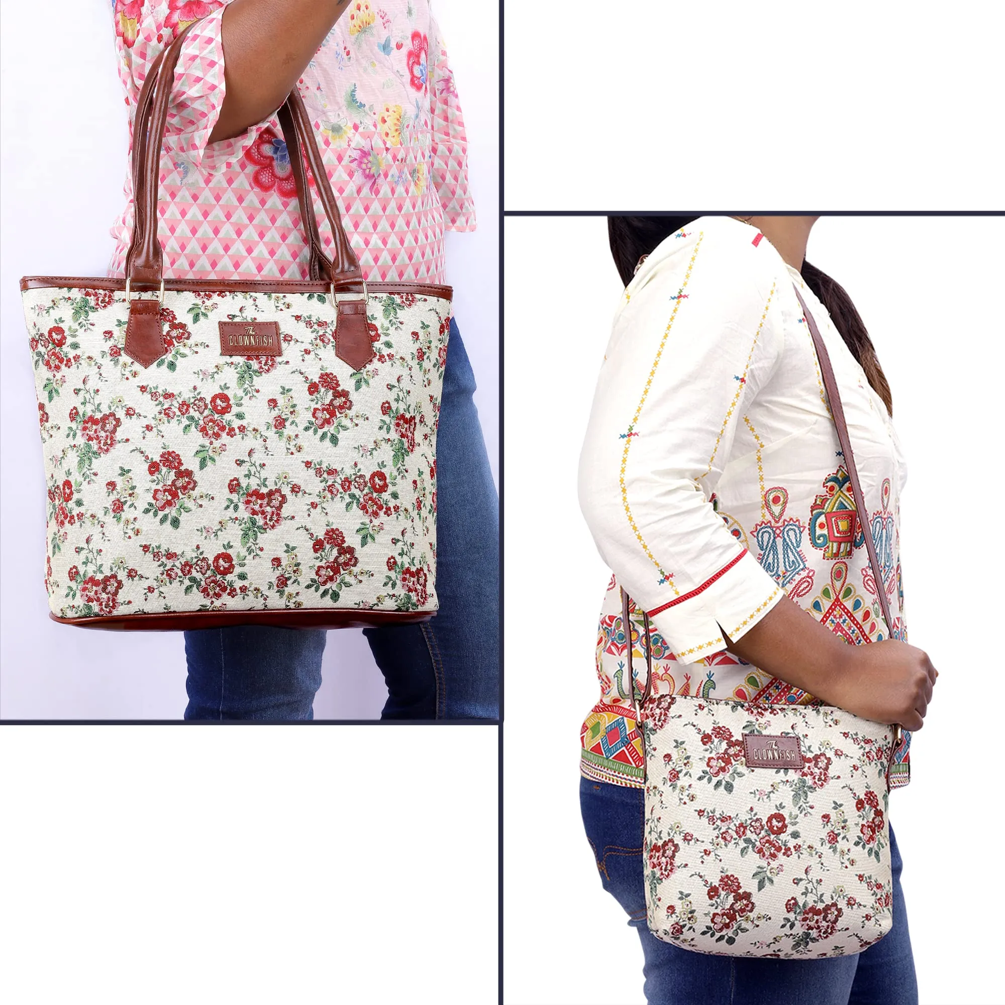 THE CLOWNFISH Combo Of Linda Sling for Women Crossbody Bag for College Girls Justina Tapestry Fabric & Faux Leather Handbag for Women (White-Floral)