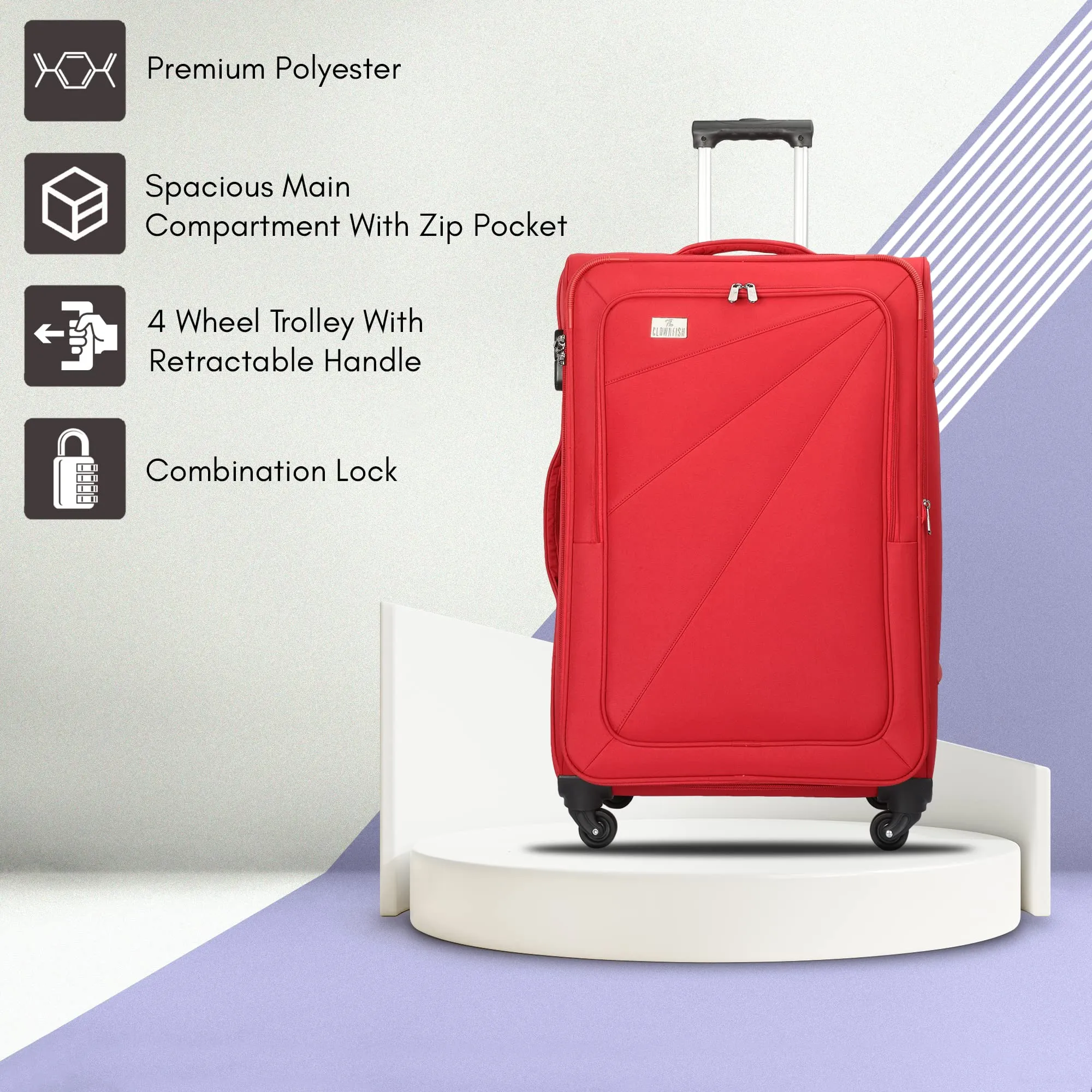 THE CLOWNFISH Farren Luggage Polyester Softcase Suitcase Four Wheel Trolley Bag- Red (Small Size- 56 cm)