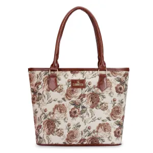 THE CLOWNFISH Justina Tapestry Fabric & Faux Leather Handbag for Women Office Bag Ladies Shoulder Bag Tote For Women College Girls (Brown-Floral)