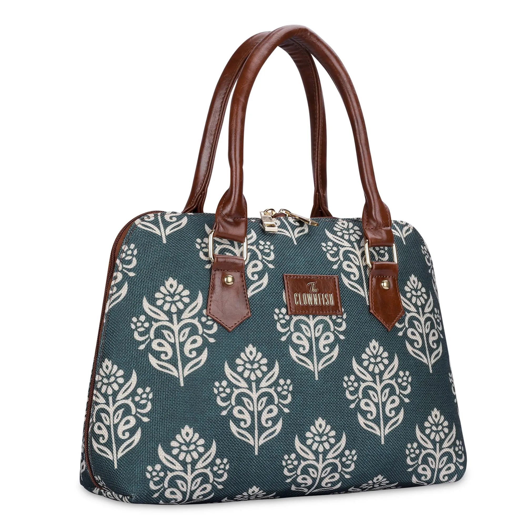 THE CLOWNFISH Montana Series Printed Handicraft Fabric & Faux leather Handbag for Women Office Bag Ladies Purse Shoulder Bag Tote For Women College Girls (Light Green-1)