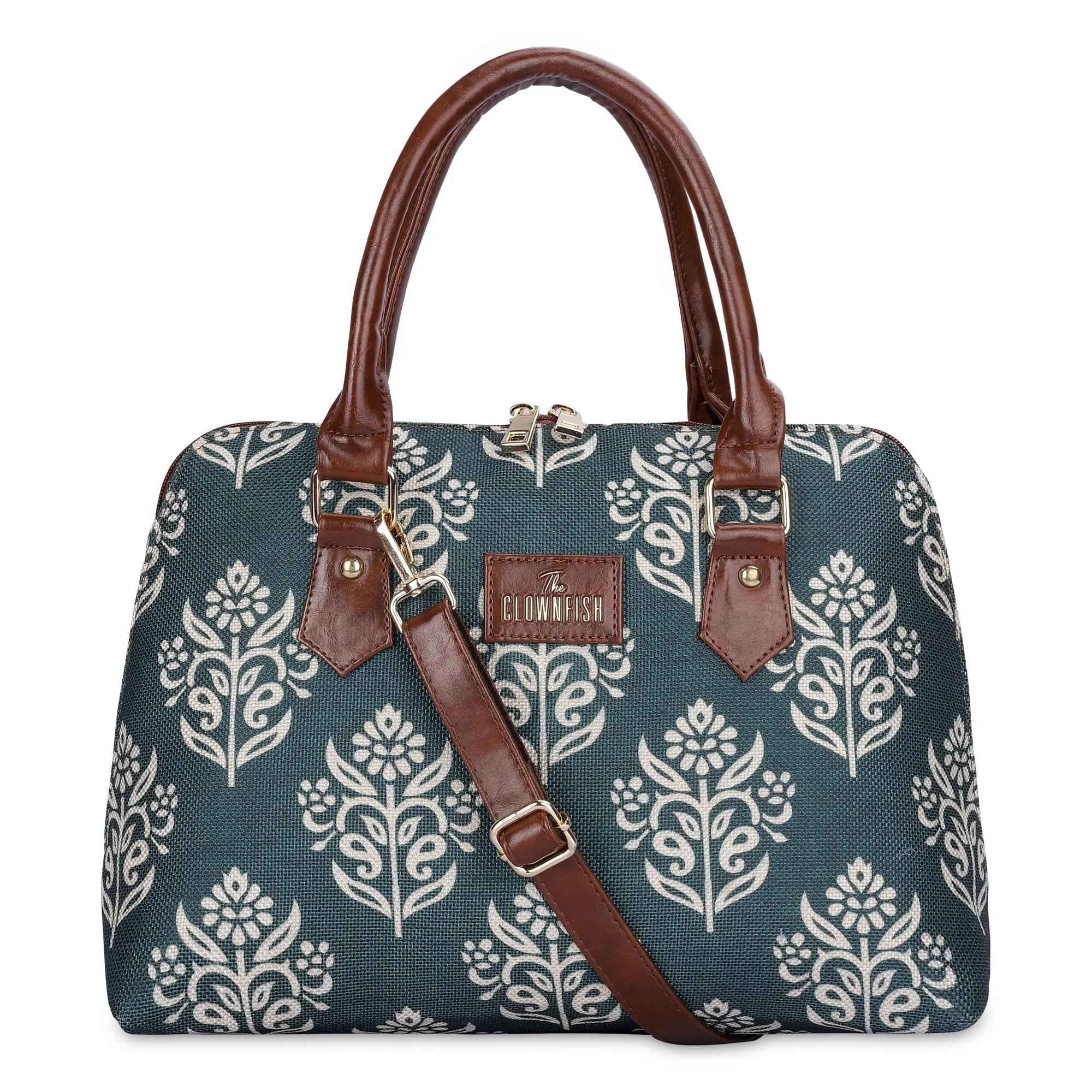 THE CLOWNFISH Montana Series Printed Handicraft Fabric & Faux leather Handbag for Women Office Bag Ladies Purse Shoulder Bag Tote For Women College Girls (Light Green-1)