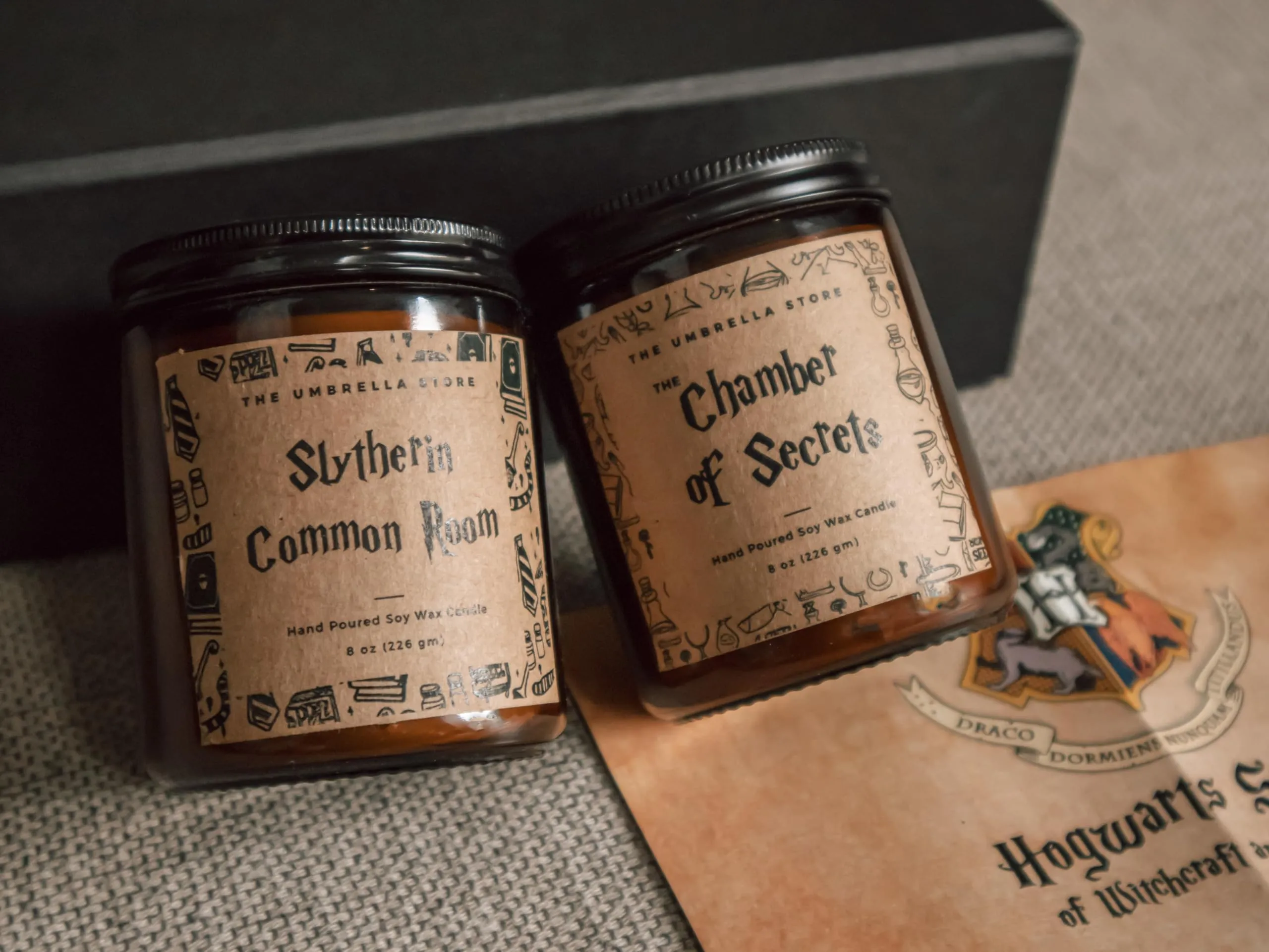 THE UMBRELLA STORE Hary Potter Themed Scented Candle Gift Hamper: Set of 2 Candles| Luxe Hamper Box (Slytherin commonroom  Chamber of Secrets)