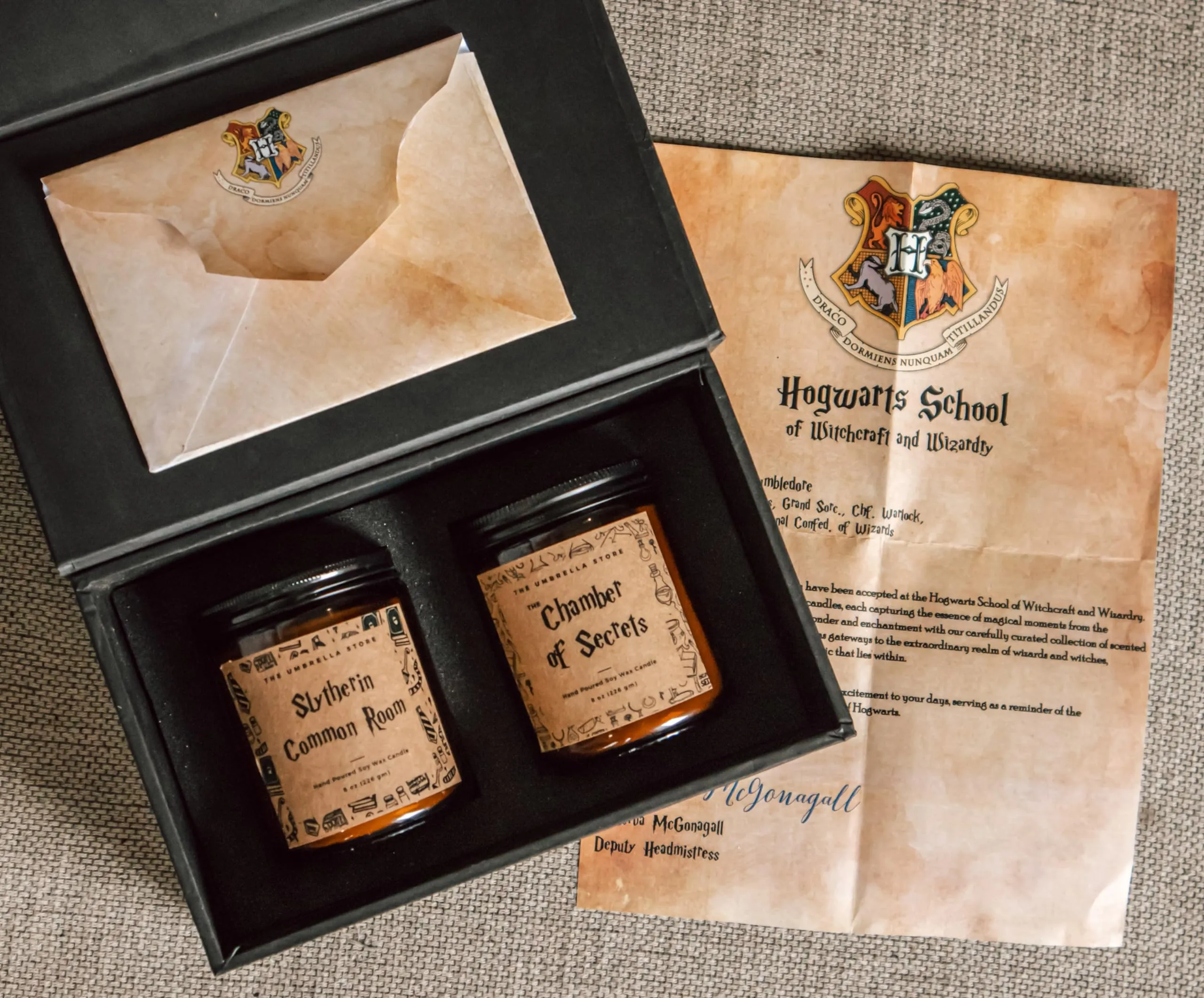 THE UMBRELLA STORE Hary Potter Themed Scented Candle Gift Hamper: Set of 2 Candles| Luxe Hamper Box (Slytherin commonroom  Chamber of Secrets)